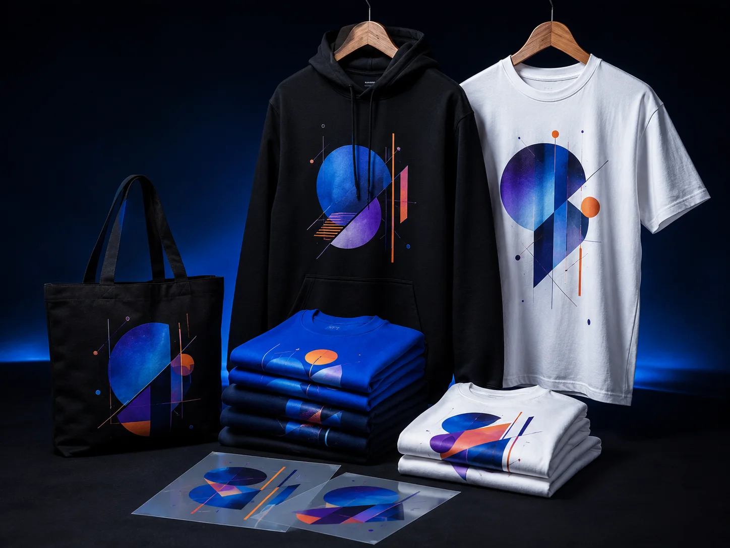 Illustrative Komposition aus Hoodie, Shirt, Tasche, gefalteten Textilien und DTF-Transferfolien